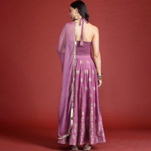 Printed Ready to Wear Halter Neck Smocked Lehenga & Blouse With Dupatta