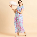 Blue Pure Cotton Printed Maxi Nightdress